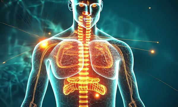 Anatomical illustration of a human body highlighting the spine and lungs with a glowing effect