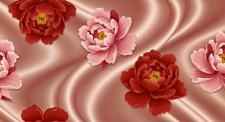 A Seamless Floral Background Featuring Delicate Pink and Red Peony Blossoms, Symbolic of Prosperity, Arranged on a Smooth Silk Fabric With a Subtle Sheen-Gigapixel-Low_Res-Scale-_x