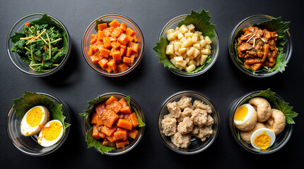 A variety of food items are in bowls, including vegetables, potatoes, and eggs