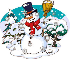 Cute cartoon snowman wearing a hat and scarf. Winter vector illustration on a background with snowy trees