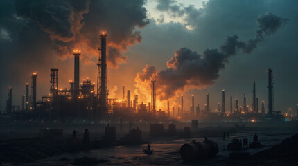 Naklejka premium A large industrial area with a lot of smoke and a few people