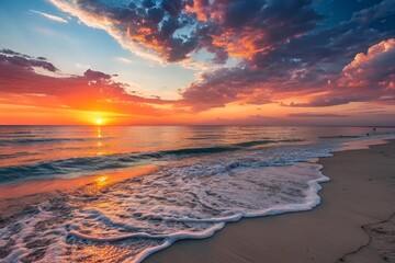 Stunning Vibrant Sunset Over Serene Beach with Colorful Sky and Gentle Waves