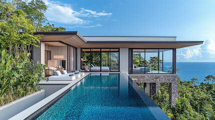 Fototapeta premium Luxurious villa with stunning ocean view, featuring modern design, infinity pool, and lush greenery surrounding property. perfect blend of comfort and elegance