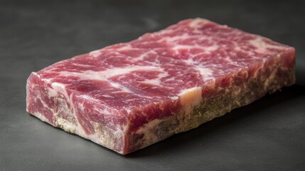 A glistening slab of uncooked, pink pork fat, its surface adorned with marbling, promising succulent flavor and savory aroma.