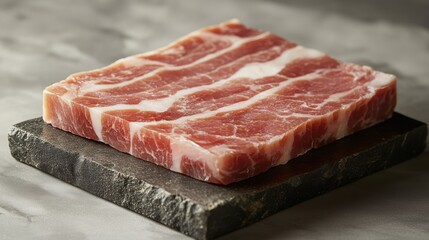 A glistening slab of uncooked, pink pork fat, its surface adorned with marbling, promising succulent flavor and savory aroma.
