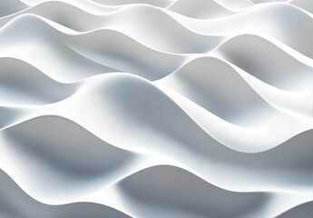 Abstract white wavy surface.  A smooth, undulating texture of light gray and white curves creates a sense of depth and movement.  The gentle waves repeat, showing a soft, flowing design
