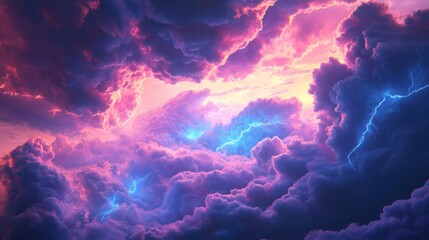 Dramatic Pink and Purple Sunset Cloudscape with Lightning Strikes