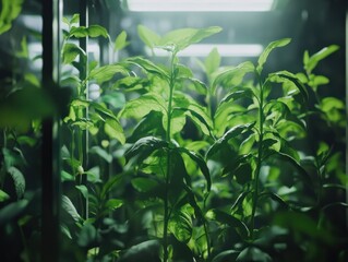 Lush green plants thriving in a well-lit indoor greenhouse, showcasing vibrant foliage and healthy growth, with soft lighting enhancing the verdant atmosphere