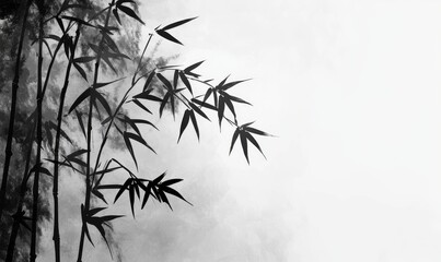 Abstract black and white ink painting of a bamboo forest with a misty background