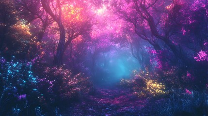Walking Through Fantasy Forest Illuminated by Vibrant Light and Colorful Trees