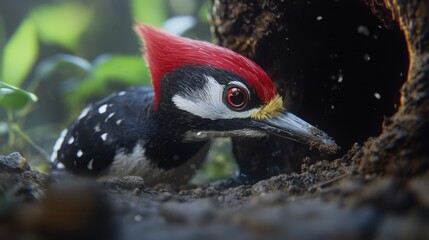 Naklejka premium Detailed image of a woodpecker sharp beak breaking through a tree surface, captured in mid-action.