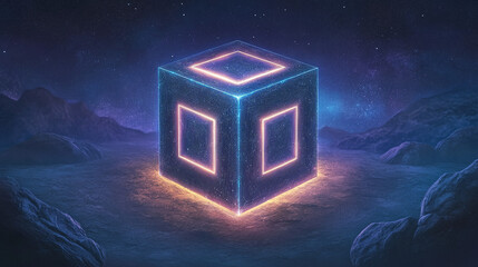 Glowing Digital Cube in a Cosmic Landscape