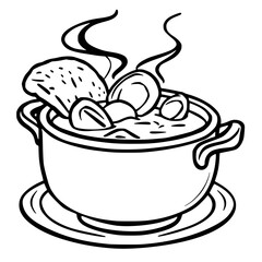 black outline vector of a steaming bowl of clam chowder with bread bowl