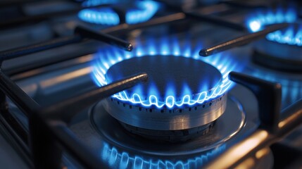 High-resolution shot of a circular blue gas flame on a stovetop, radiating heat and efficiency.