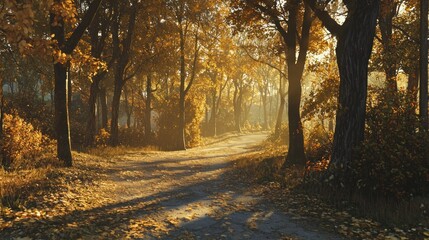 Fototapeta premium Sunlit autumn path through golden forest. (1)