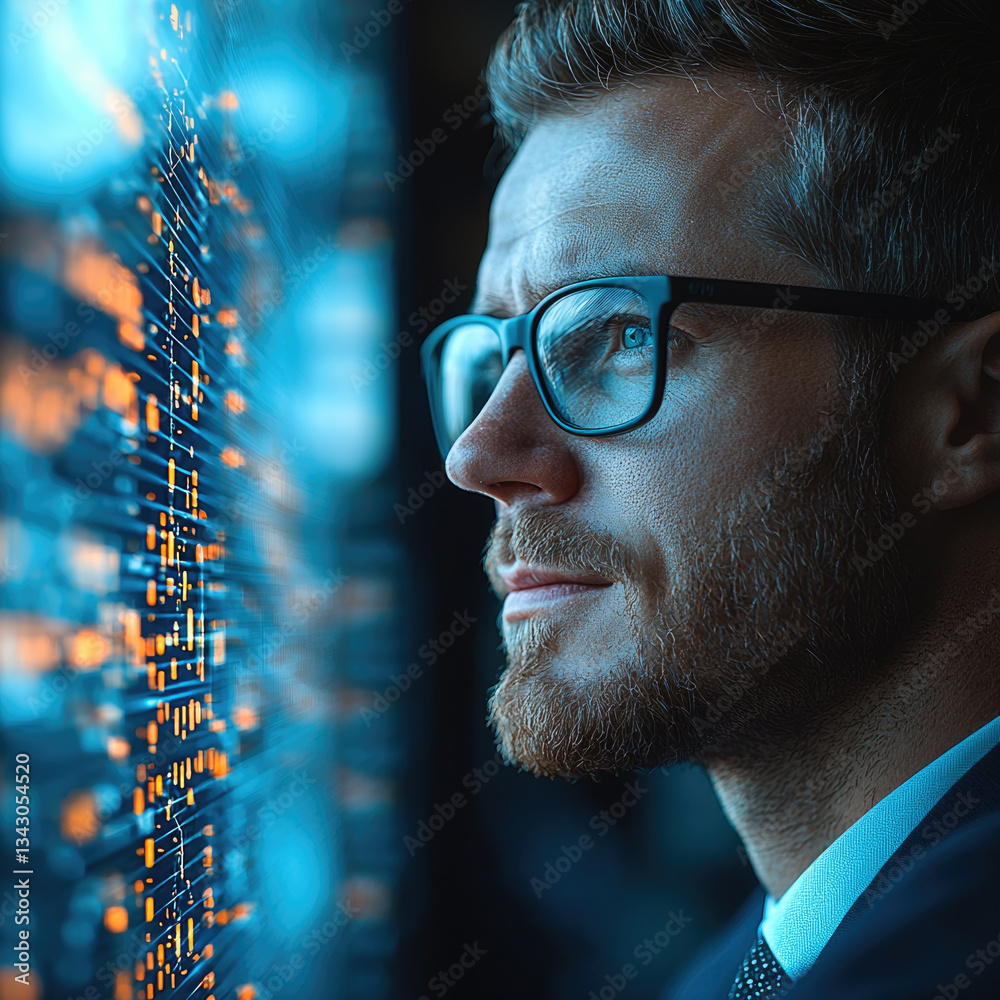 Poster innovative businessman analyzing data on digital screen, showcasing focus and determination in moder