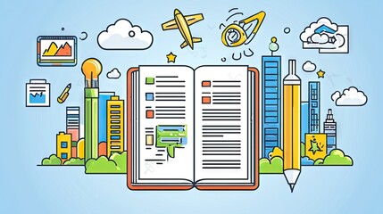 Open notebook with city landscape, clouds, plane. Can be used for travel and business planning