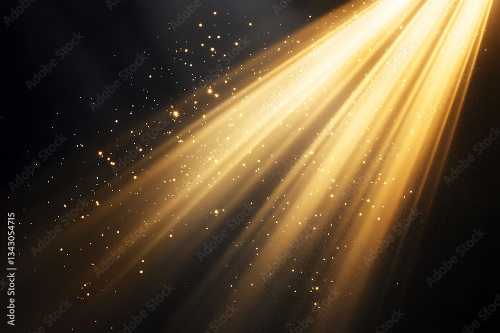 Poster golden light rays with sparkling dust particles on black background