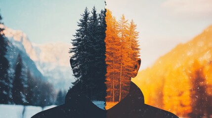 A double exposure portrait of a person, half winter, half autumn. A striking visual metaphor of duality.