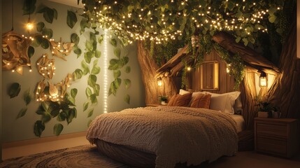 Obraz premium A magical treehouse-themed bedroom with a bed styled like a treetop hut, leafy wall decor, and glowing string lights