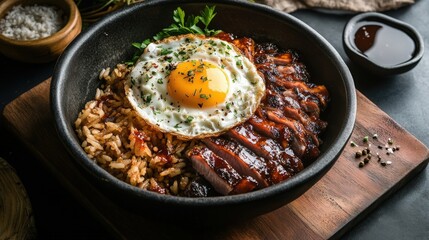 Trendy Scene of Filipino-style Pork Tocino in Rustic Setting: Tender Caramelized Pork with Garlic Fried Rice and Sunny-side-up Egg
