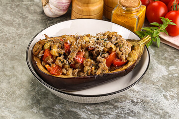 Baked eggplant stuffed meat and tomato