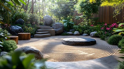 Tranquil moment capturing a zen garden with meticulously raked sand, stones, and bamboo implements creating harmony and mindfulness