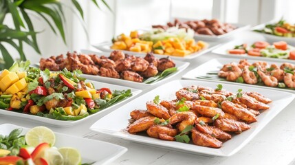 Beautifully Detailed Photo of Tamarind-infused Dishes in Elegant Setting: Tamarind-glazed Shrimp, Tamarind Chicken Wings, and Fresh Tamarind and Mango Salad