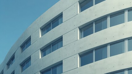 Curved Modern Building Exterior with Numerous Windows and Light Gray Concrete Facade