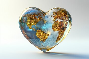 heart shaped Earth with textured continents and oceans stands isolated on a white background, symbolizing love, unity, and environmental consciousness.