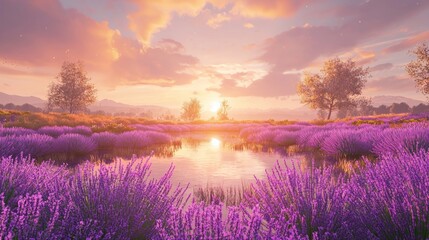 Obraz premium Serene sunset over lavender field and pond.
