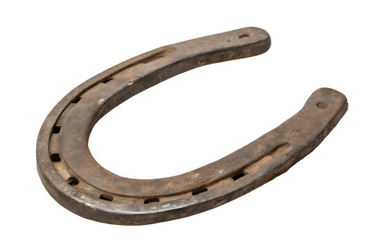 A weathered horseshoe, a symbol of good luck and enduring strength, rests against a stark white backdrop, showcasing its rustic charm and worn metal. On white Or png Background