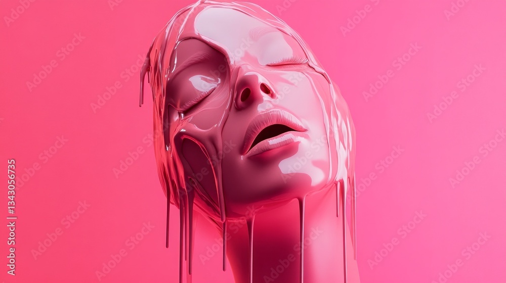 Poster a mannequin's face is drenched in glossy pink substance, capturing an ethereal moment. the vibrant c