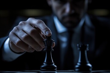 Focused Man in Suit Strategically Moving Chess Piece in Dimly Lit Setting, Highlighting Intense Game of Strategy and Concentration