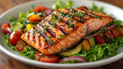 A vibrant medley of grilled salmon fillets, adorned with a medley of colorful vegetables, served on a bed of crisp lettuce, a symphony of healthy and delicious flavors.