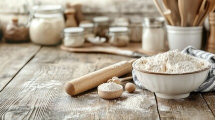 Fototapeta premium Flour in Bowl with Rolling Pin and Kitchen Utensils in Background