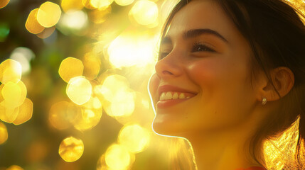 Fototapeta premium young woman with radiant smile is illuminated by warm, golden sunlight, creating dreamy and joyful atmosphere. background is filled with soft, glowing bokeh lights, enhancing serene and uplifting