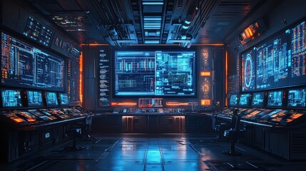 A high-tech control room with glowing screens and data projections 