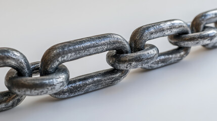 Fototapeta premium close up view of metallic chain with interlocking links, symbolizing strength and connection. chain texture and shine are highlighted against neutral background, emphasizing its durability
