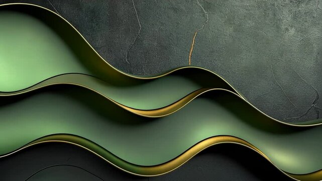 Abstract background with layered, flowing, emerald green and gold wavy shapes on a dark stone backdrop