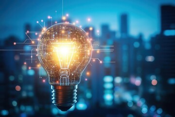 Light bulb glowing with digital network connections over cityscape background, representing innovation, technology, and ideas in a modern world