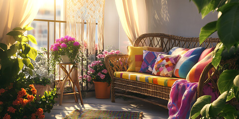 Cozy balcony filled with colorful cushions and vibrant flowers in warm afternoon sunlight