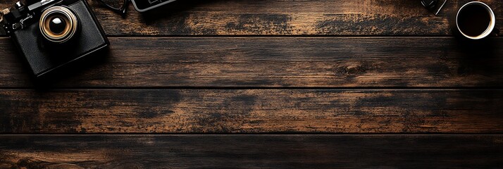 Camera and coffee on desk for photos, ads or blog backgrounds on wooden surface