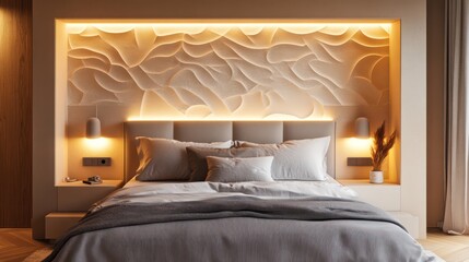 A modern bedroom with warm lighting from built-in headboard lights, highlighting simple bedding and a textured accent wall