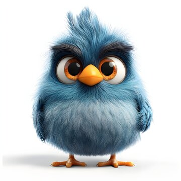 A charming 3D rendered blue bird, fluffy and cute. A delightful cartoon character. Adorable Blue Angry Bird: 3D Rendered Cartoon Character Isolated on white background