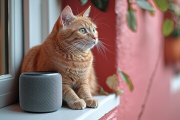 Ginger cat sitting on windowsill beside a modern gray smart speaker