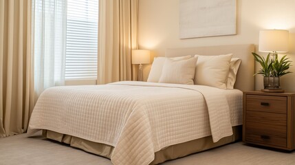 Fototapeta premium A modern neutral bedroom with a cream-colored bedspread, a natural wood nightstand, and beige curtains adding a soft touch