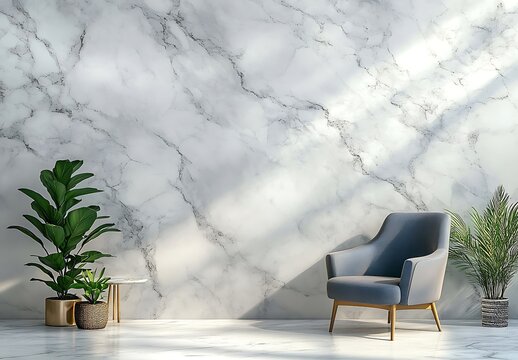 Modern Living Room Gray Chair Gold Legs Marble Wall Plants