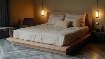 A modern neutral-toned bedroom with a wooden platform bed, light beige bedding, and soft lighting creating a peaceful and inviting ambiance
