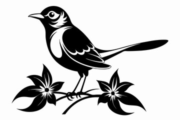 mockingbird auf bonnet flower line art silhouette vector illustration